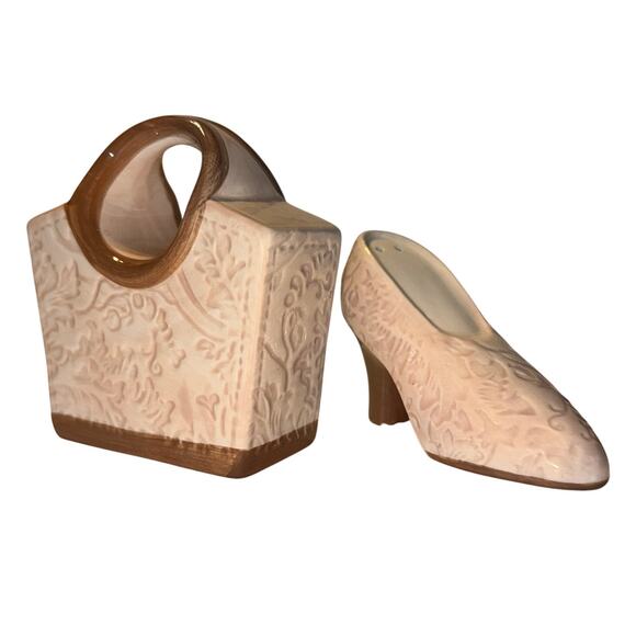 FIGI Damask Purse & Shoe Salt Pepper Shakers Blush Brown Ceramic Retro Style - Picture 2 of 8
